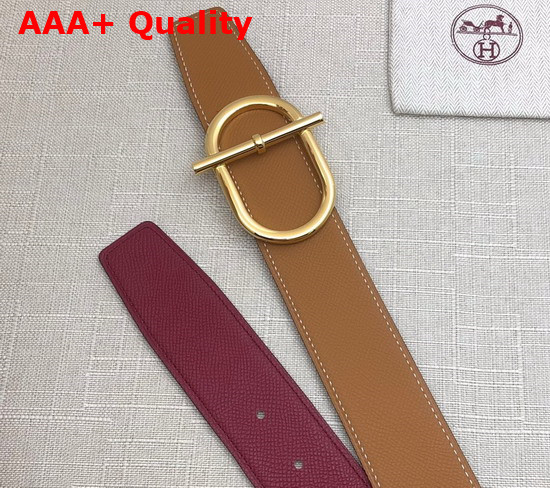 Hermes Ithaque Belt Buckle Reversible Leather Strap 38mm Tan Burgundy Replica