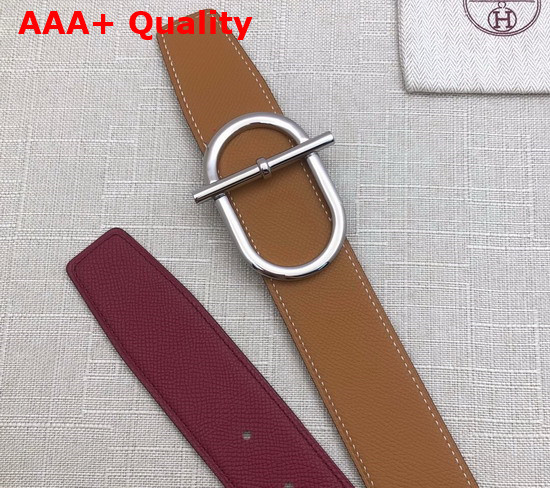 Hermes Ithaque Belt Buckle Reversible Leather Strap 38mm Tan Burgundy Replica