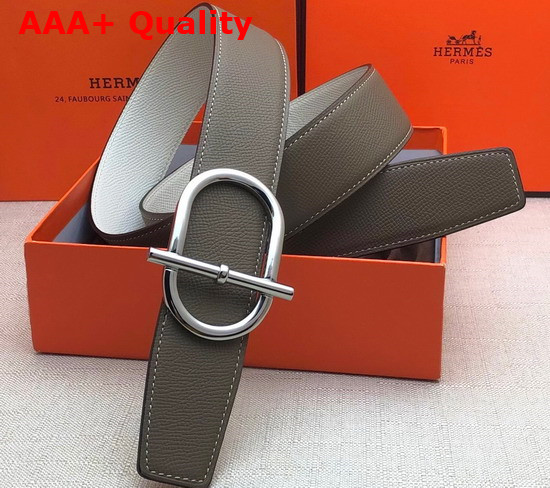 Hermes Ithaque Belt Buckle Reversible Leather Strap 38mm Vert De Gris Blanc Replica