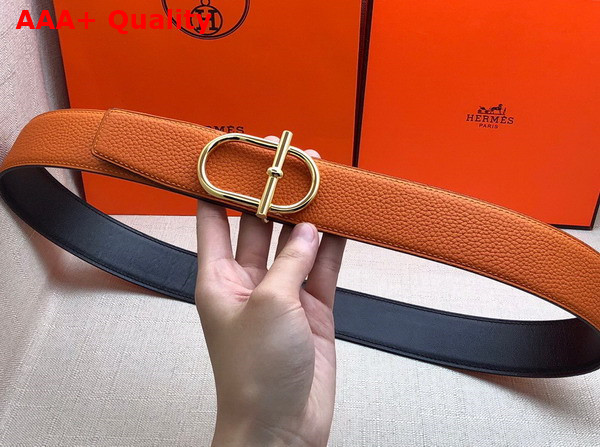 Hermes Ithaque Belt Buckle Reversible Leather Strap in Box 135 and Togo Calfskin Noir Orange Replica