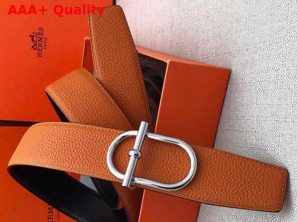 Hermes Ithaque Belt Buckle Reversible Leather Strap in Box 135 and Togo Calfskin Noir Orange Replica