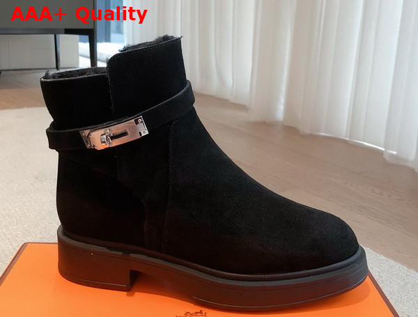 Hermes Jeff Ankle Boot in Noir Suede Calfskin with Shearling Replica