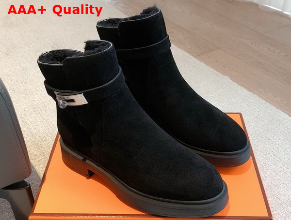 Hermes Jeff Ankle Boot in Noir Suede Calfskin with Shearling Replica