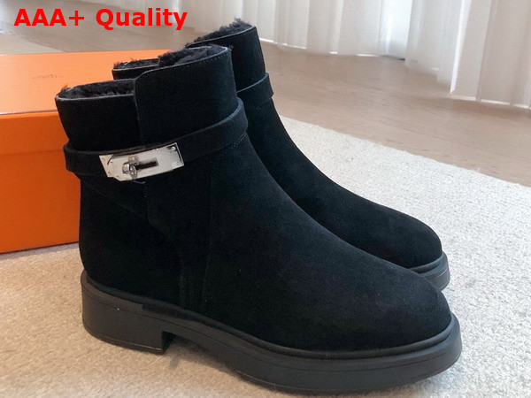 Hermes Jeff Ankle Boot in Noir Suede Calfskin with Shearling Replica