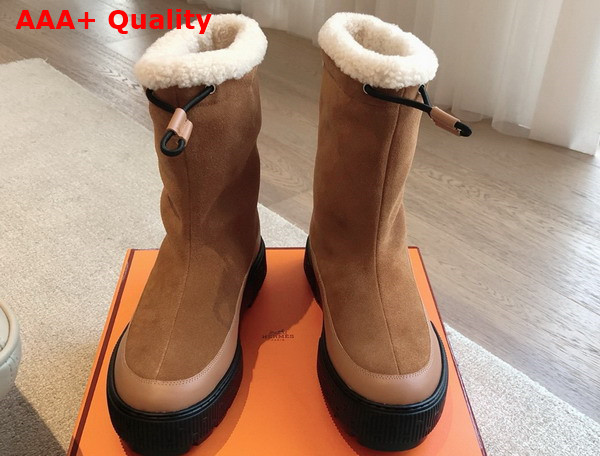 Hermes Journey Ankle Boot Brun Fume Noir Ecru Suede Calfskin and Calfskin with Shearling Lining Replica