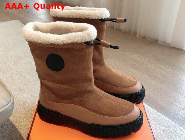 Hermes Journey Ankle Boot Brun Fume Noir Ecru Suede Calfskin and Calfskin with Shearling Lining Replica