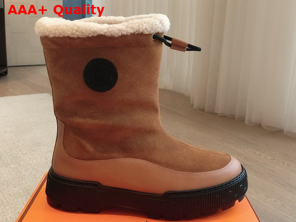 Hermes Journey Ankle Boot Brun Fume Noir Ecru Suede Calfskin and Calfskin with Shearling Lining Replica