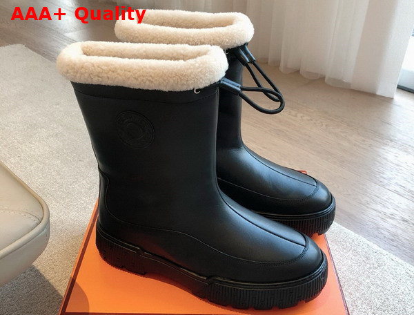 Hermes Journey Ankle Boot in Calfskin with Shearling Lining Noir and Ecru Replica