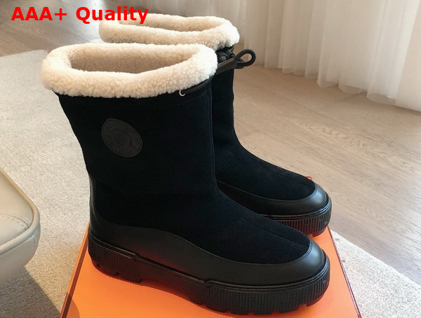 Hermes Journey Ankle Boot in Suede Calfskin and Calfskin with Shearling Lining Noir and Ecru Replica