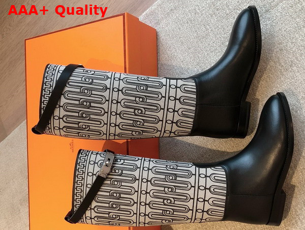 Hermes Jumping Boot in Calfskin and Printed H Canvas Prunoir Noir Replica