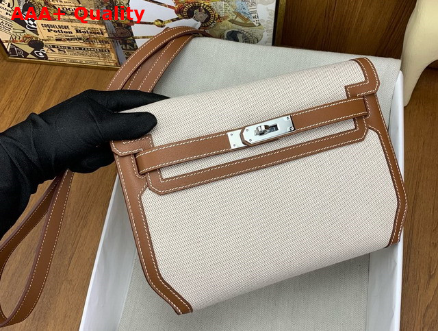 Hermes Kelly Depeches 25 Pouch in Beige Canvas and Tan Swift Calfskin Replica