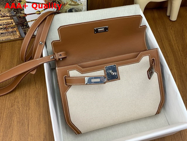 Hermes Kelly Depeches 25 Pouch in Beige Canvas and Tan Swift Calfskin Replica