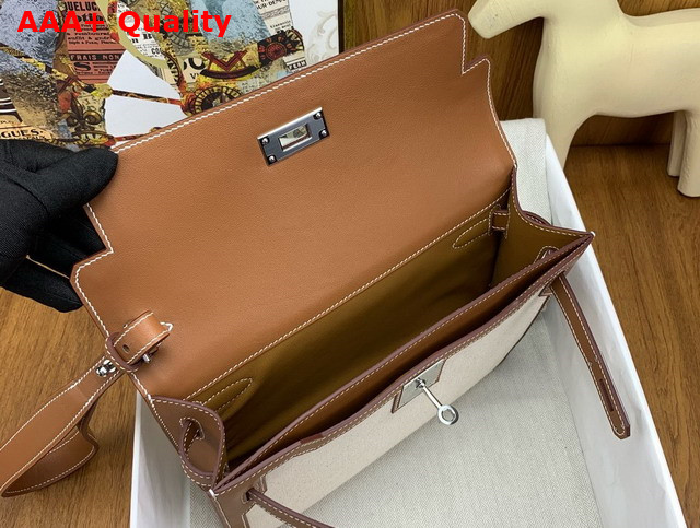 Hermes Kelly Depeches 25 Pouch in Beige Canvas and Tan Swift Calfskin Replica