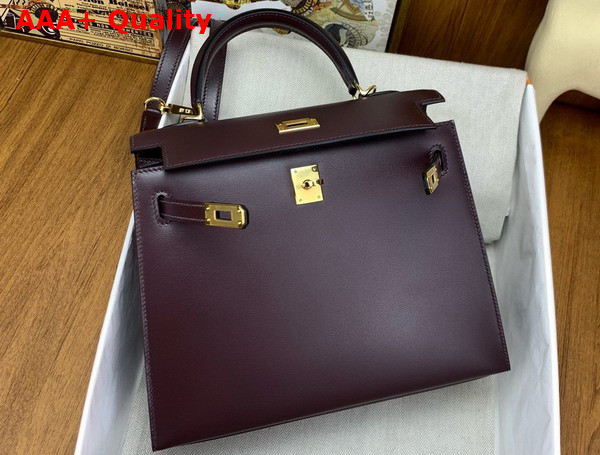 Hermes Kelly Sellier 25 Bag in Bordeaux Box Calfskin Replica