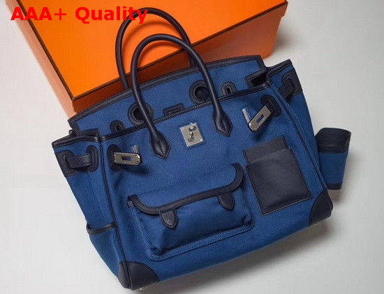 Hermes Limited Edition Cargo Birkin 35 cm Blue Swift Calfskin and Canvas Replica