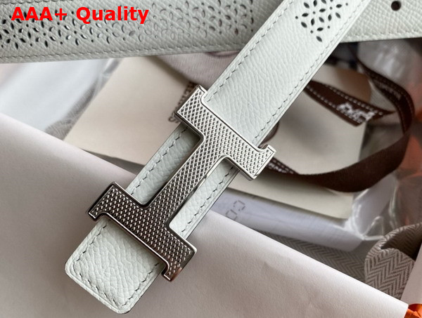 Hermes Mini Constance Guillochee Belt Buckle Reversible Leather Strap 24mm White and Black Perforated Leather Replica