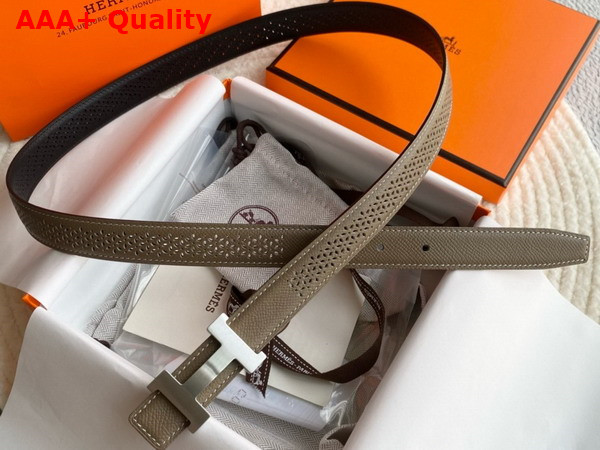 Hermes Mini Constance Martelee Belt Buckle Reversible Leather Strap 24mm Grey and Black Perforated Leather Replica