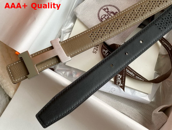 Hermes Mini Constance Martelee Belt Buckle Reversible Leather Strap 24mm Grey and Black Perforated Leather Replica