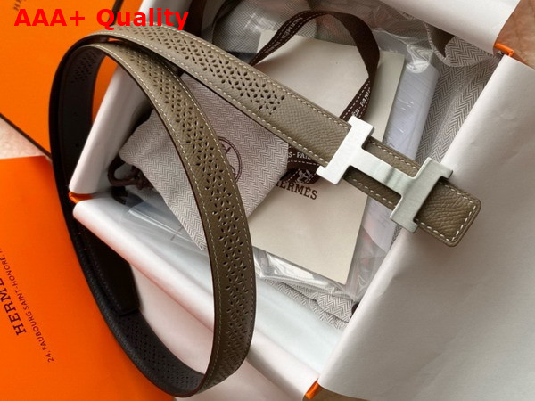 Hermes Mini Constance Martelee Belt Buckle Reversible Leather Strap 24mm Grey and Black Perforated Leather Replica