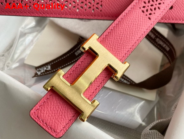 Hermes Mini H Belt Buckle Reversible Leather Strap 24mm Pink and Orange Perforated Leather Replica