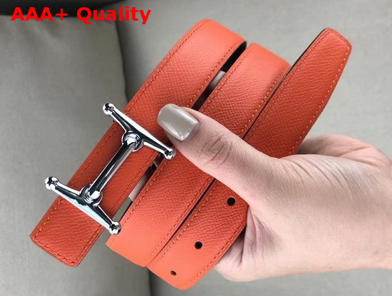 Hermes Mors H Belt Buckle Reversible Leather Strap 24mm Swift and Epsom Calfskin Black and Orange Replica