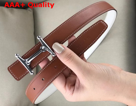 Hermes Mors H Belt Buckle Reversible Leather Strap 24mm Swift and Epsom Calfskin Tan and White Replica