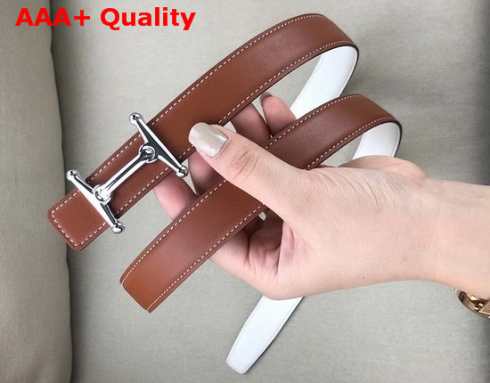 Hermes Mors H Belt Buckle Reversible Leather Strap 24mm Swift and Epsom Calfskin Tan and White Replica