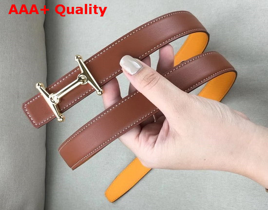 Hermes Mors H Belt Buckle Reversible Leather Strap 24mm Swift and Epsom Calfskin Tan and Yellow Replica