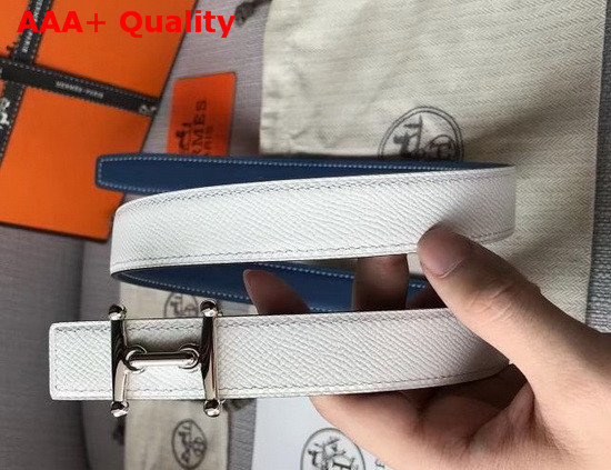 Hermes Mors H Belt Buckle and Reversible Leather Strap 24mm in Swift and Epsom Calfskin Blue and White Replica