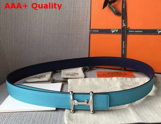 Hermes Mors H Belt Buckle and Reversible Leather Strap 24mm in Swift and Epsom Calfskin Navy Blue and Light Blue Replica