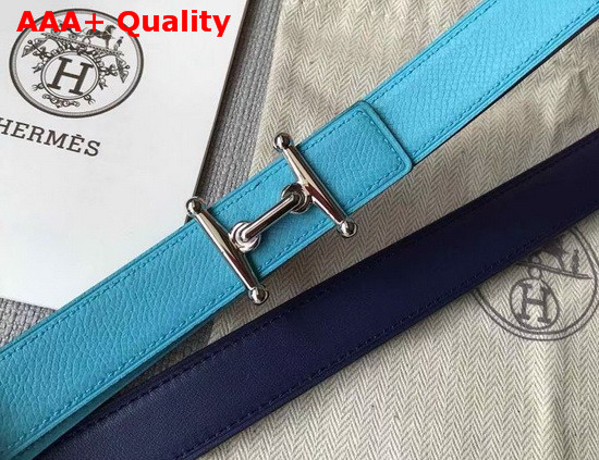 Hermes Mors H Belt Buckle and Reversible Leather Strap 24mm in Swift and Epsom Calfskin Navy Blue and Light Blue Replica