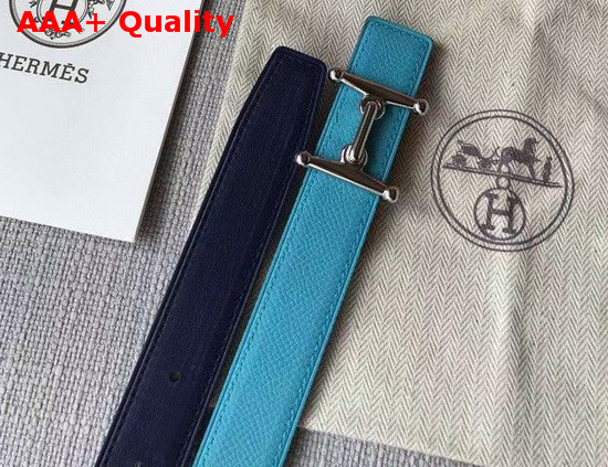 Hermes Mors H Belt Buckle and Reversible Leather Strap 24mm in Swift and Epsom Calfskin Navy Blue and Light Blue Replica