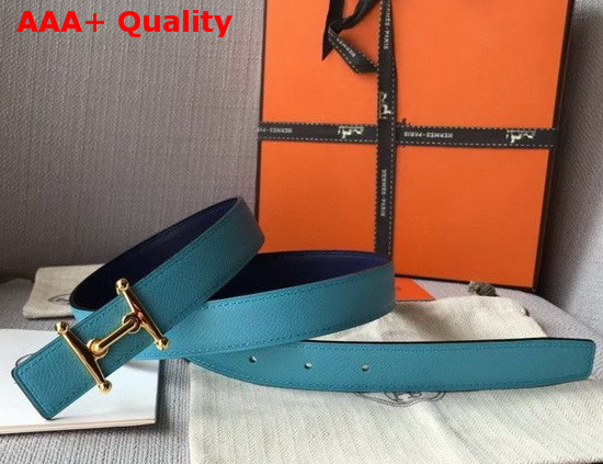 Hermes Mors H Belt Buckle and Reversible Leather Strap 24mm in Swift and Epsom Calfskin Navy Blue and Light Blue Replica