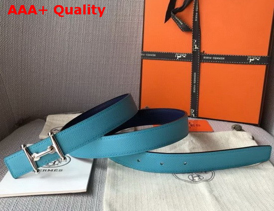 Hermes Mors H Belt Buckle and Reversible Leather Strap 24mm in Swift and Epsom Calfskin Navy Blue and Light Blue Replica