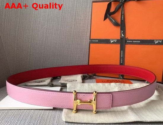 Hermes Mors H Belt Buckle and Reversible Leather Strap 24mm in Swift and Epsom Calfskin Red and Pink Replica