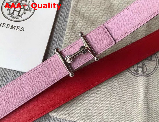 Hermes Mors H Belt Buckle and Reversible Leather Strap 24mm in Swift and Epsom Calfskin Red and Pink Replica