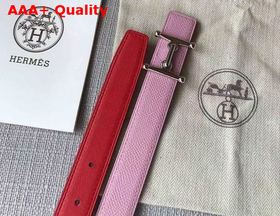 Hermes Mors H Belt Buckle and Reversible Leather Strap 24mm in Swift and Epsom Calfskin Red and Pink Replica