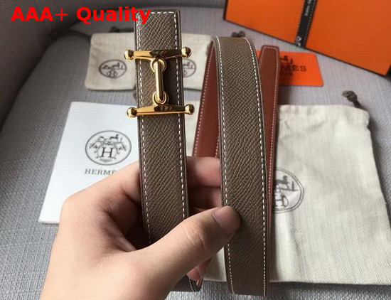 Hermes Mors H Belt Buckle and Reversible Leather Strap 24mm in Swift and Epsom Calfskin Tan and Grey Replica