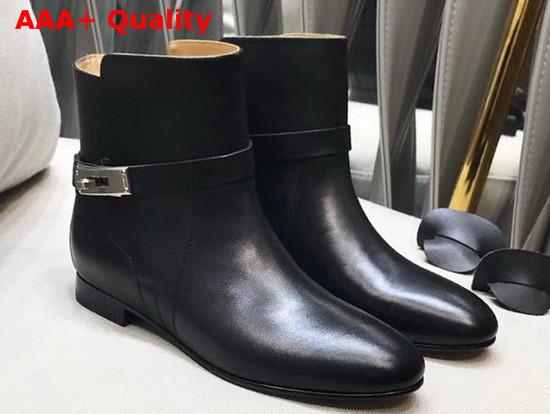 Hermes Neo Ankle Boot in Black Calfskin with Iconic Buckle and Wrap Around Ankle Strap Replica