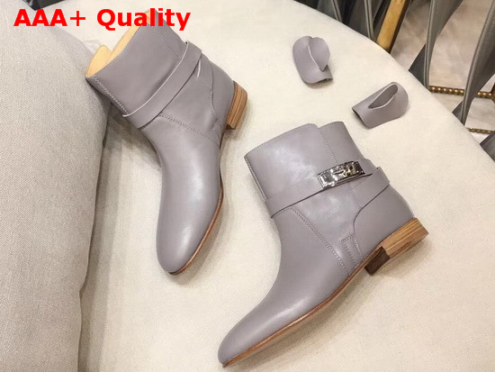 Hermes Neo Ankle Boot in Grey Calfskin with Iconic Buckle and Wrap Around Ankle Strap Replica