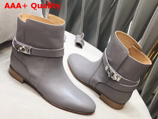 Hermes Neo Ankle Boot in Grey Calfskin with Iconic Buckle and Wrap Around Ankle Strap Replica