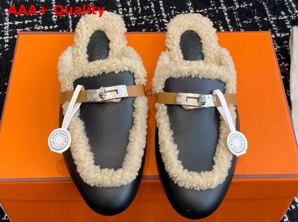 Hermes OZ Mule Noir Ecru Calfskin with Shearling Lining Replica