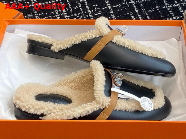 Hermes OZ Mule Noir Ecru Calfskin with Shearling Lining Replica