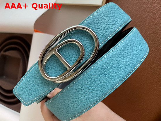 Hermes Odyssee Belt Buckle Reversible Leather Strap 32mm Light Blue Black Replica