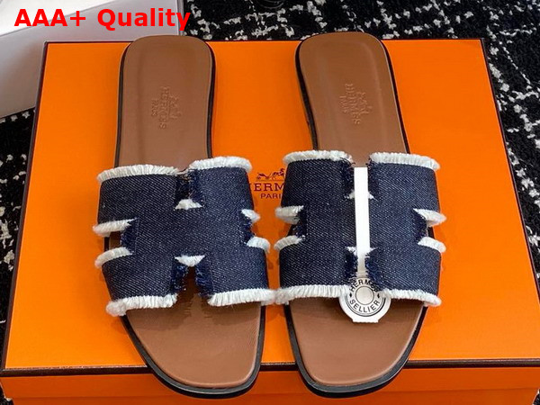 Hermes Oran Sandal Bleu Brut Fringed Denim Replica