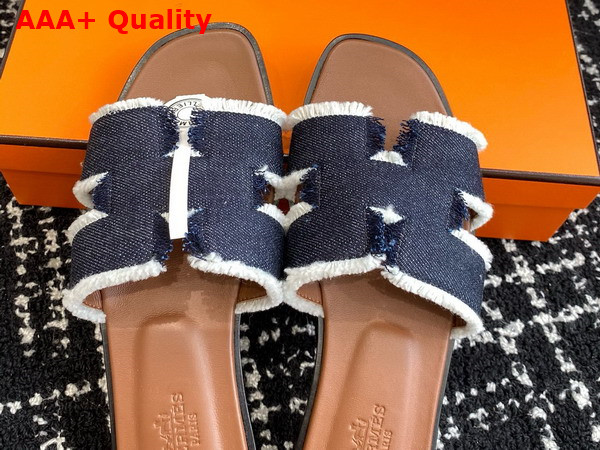 Hermes Oran Sandal Bleu Brut Fringed Denim Replica