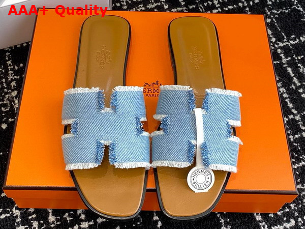 Hermes Oran Sandal Bleu Clair Fringed Denim Replica