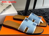 Hermes Oran Sandal Bleu Clair Fringed Denim Replica