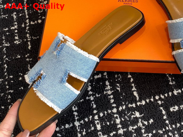 Hermes Oran Sandal Bleu Clair Fringed Denim Replica