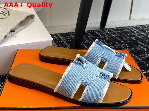 Hermes Oran Sandal Bleu Clair Fringed Denim Replica